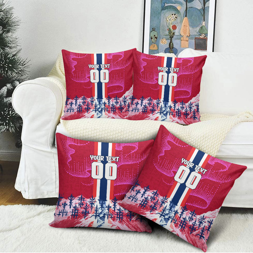 Personalized Norway Football Pillow Cover Viking Lion Soccer Mascot - Nordic Longship And Mountain Landscape