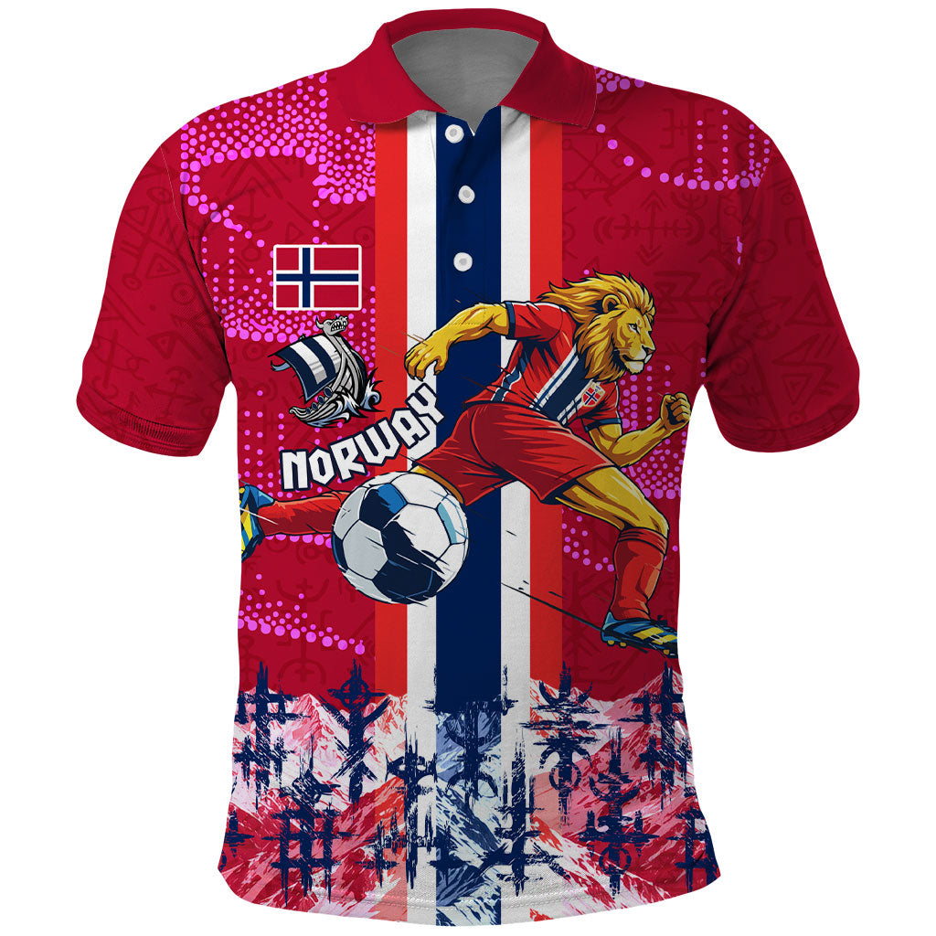 Personalized Norway Football Polo Shirt Viking Lion Soccer Mascot - Nordic Longship And Mountain Landscape