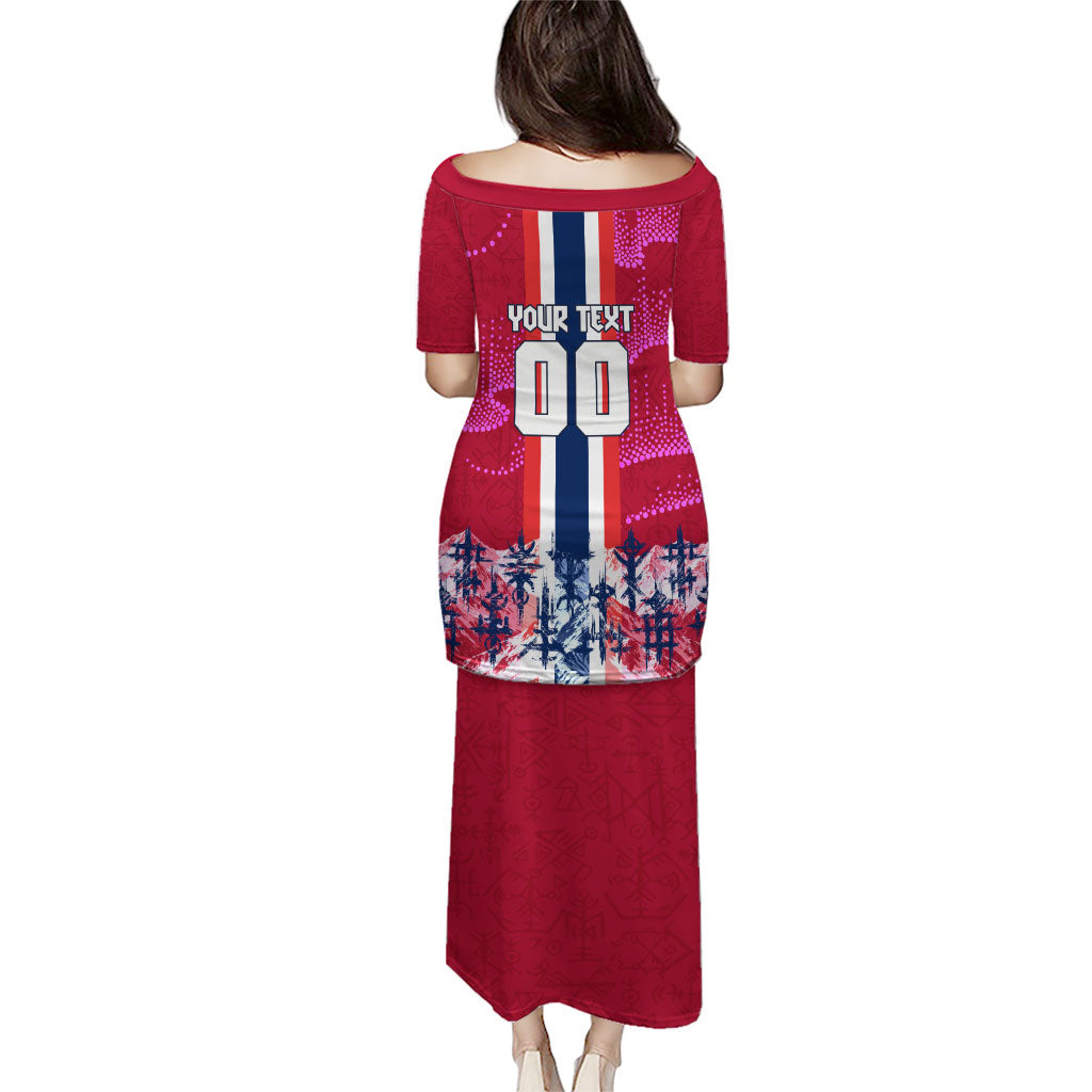 Personalized Norway Football Puletasi Viking Lion Soccer Mascot - Nordic Longship And Mountain Landscape