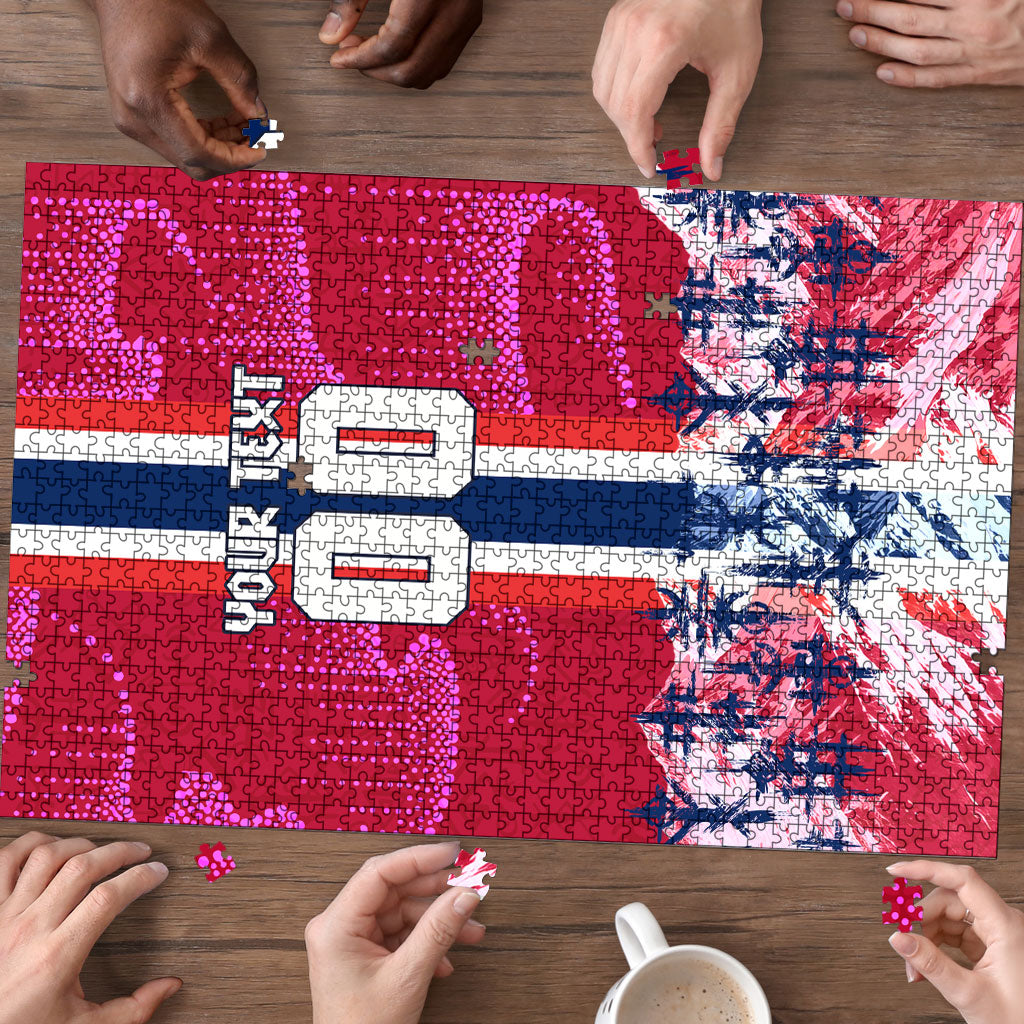 Personalized Norway Football Puzzle Viking Lion Soccer Mascot - Nordic Longship And Mountain Landscape
