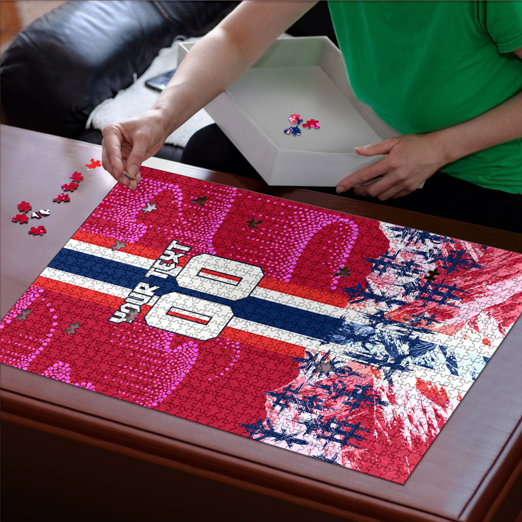 Personalized Norway Football Puzzle Viking Lion Soccer Mascot - Nordic Longship And Mountain Landscape