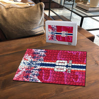 Personalized Norway Football Puzzle Viking Lion Soccer Mascot - Nordic Longship And Mountain Landscape