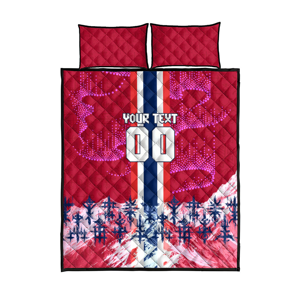 Personalized Norway Football Quilt Bed Set Viking Lion Soccer Mascot - Nordic Longship And Mountain Landscape