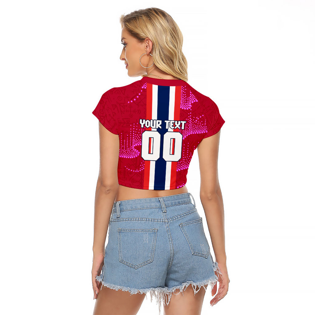 Personalized Norway Football Raglan Cropped T Shirt Viking Lion Soccer Mascot - Nordic Longship And Mountain Landscape