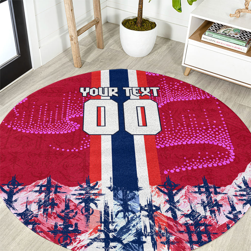 Personalized Norway Football Round Carpet Viking Lion Soccer Mascot - Nordic Longship And Mountain Landscape