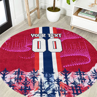 Personalized Norway Football Round Carpet Viking Lion Soccer Mascot - Nordic Longship And Mountain Landscape