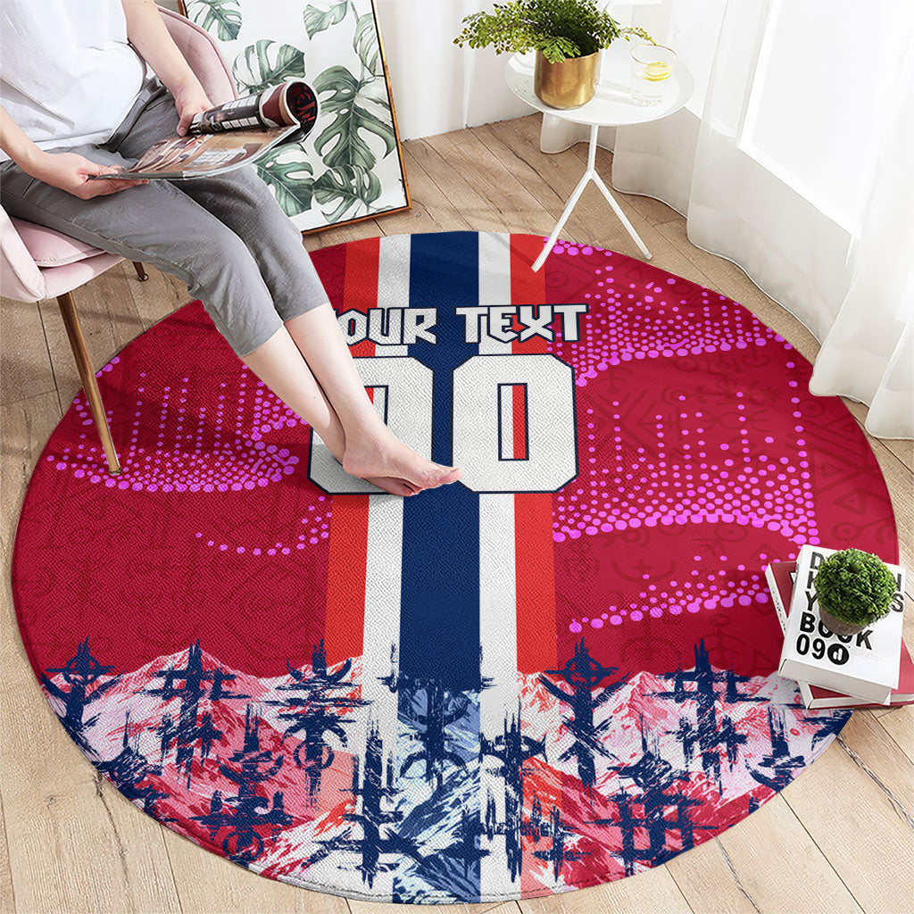 Personalized Norway Football Round Carpet Viking Lion Soccer Mascot - Nordic Longship And Mountain Landscape