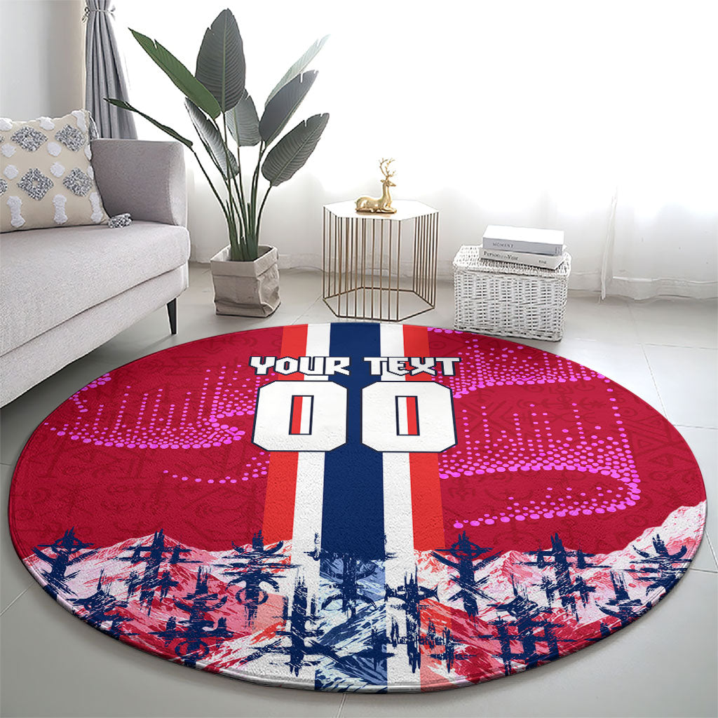 Personalized Norway Football Round Carpet Viking Lion Soccer Mascot - Nordic Longship And Mountain Landscape