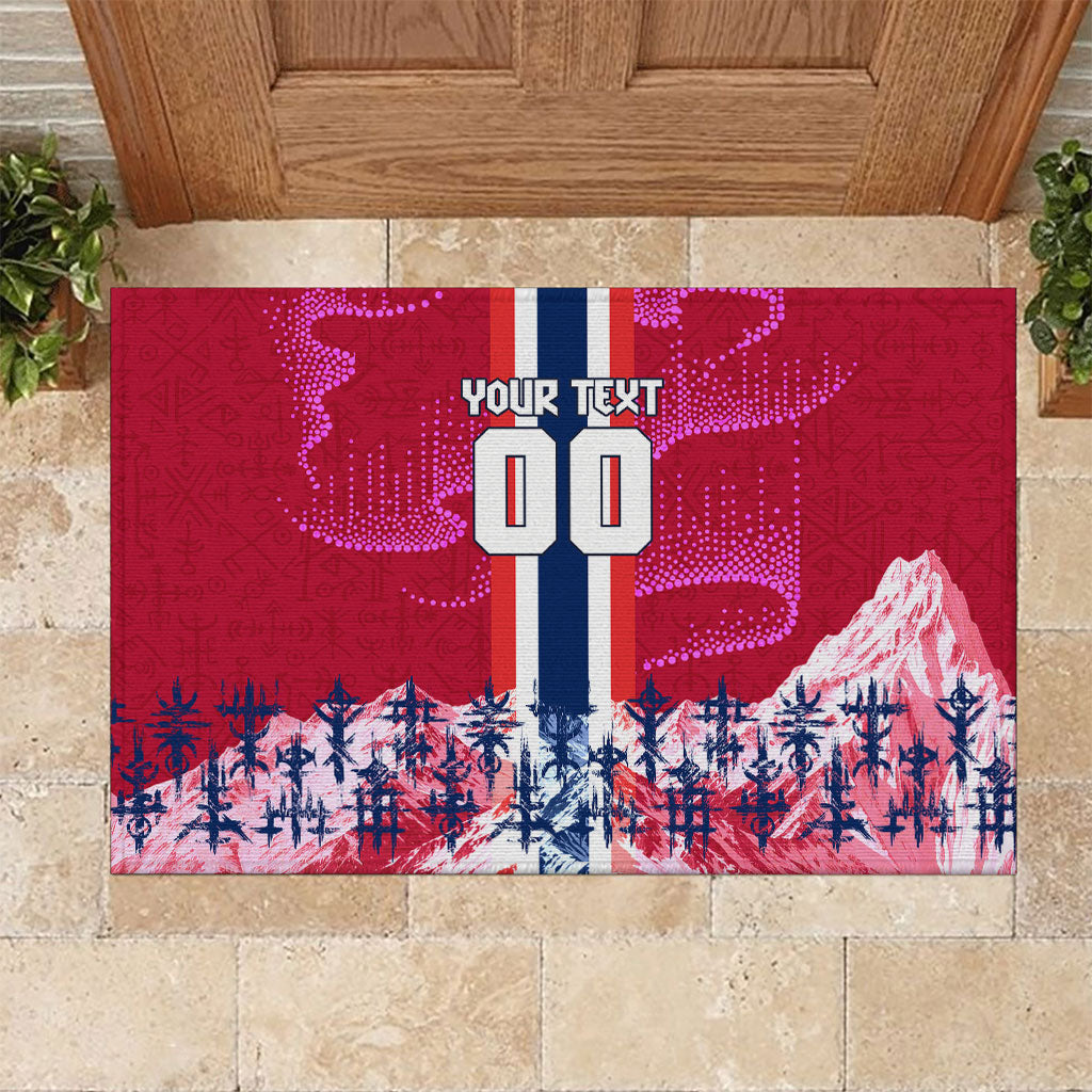 Personalized Norway Football Rubber Doormat Viking Lion Soccer Mascot - Nordic Longship And Mountain Landscape