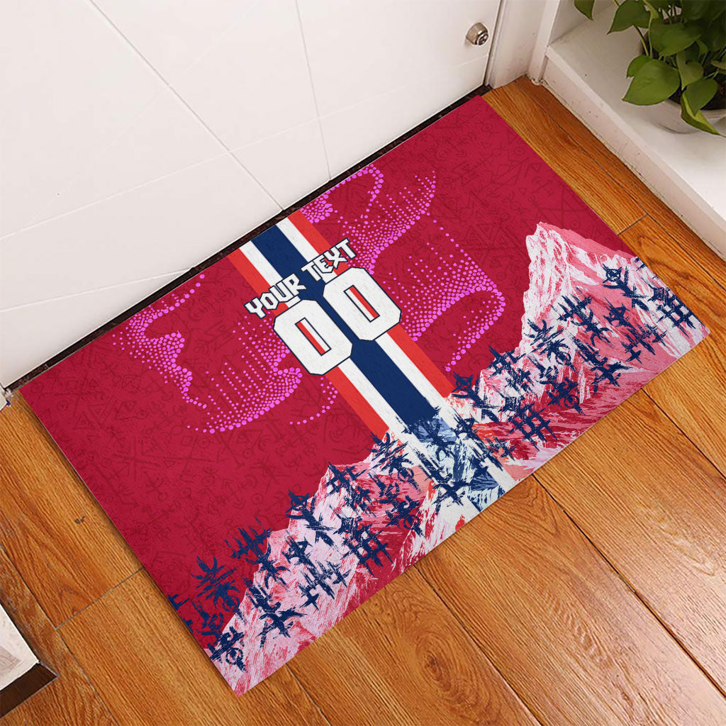 Personalized Norway Football Rubber Doormat Viking Lion Soccer Mascot - Nordic Longship And Mountain Landscape