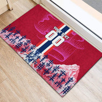 Personalized Norway Football Rubber Doormat Viking Lion Soccer Mascot - Nordic Longship And Mountain Landscape