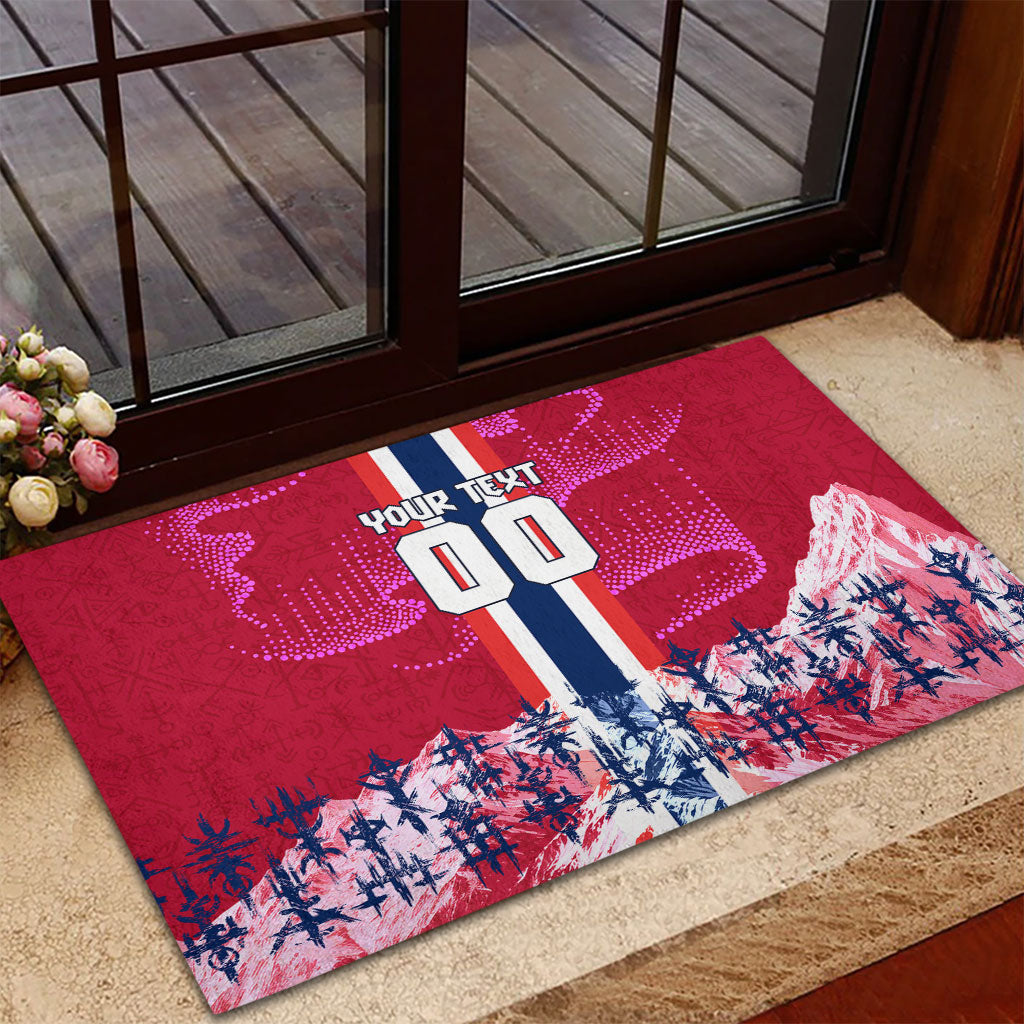 Personalized Norway Football Rubber Doormat Viking Lion Soccer Mascot - Nordic Longship And Mountain Landscape