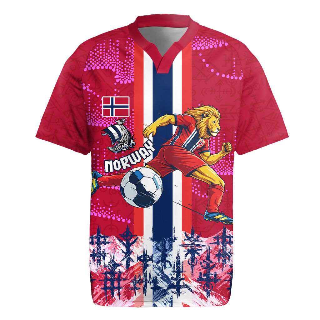 Personalized Norway Football Rugby Jersey Viking Lion Soccer Mascot - Nordic Longship And Mountain Landscape
