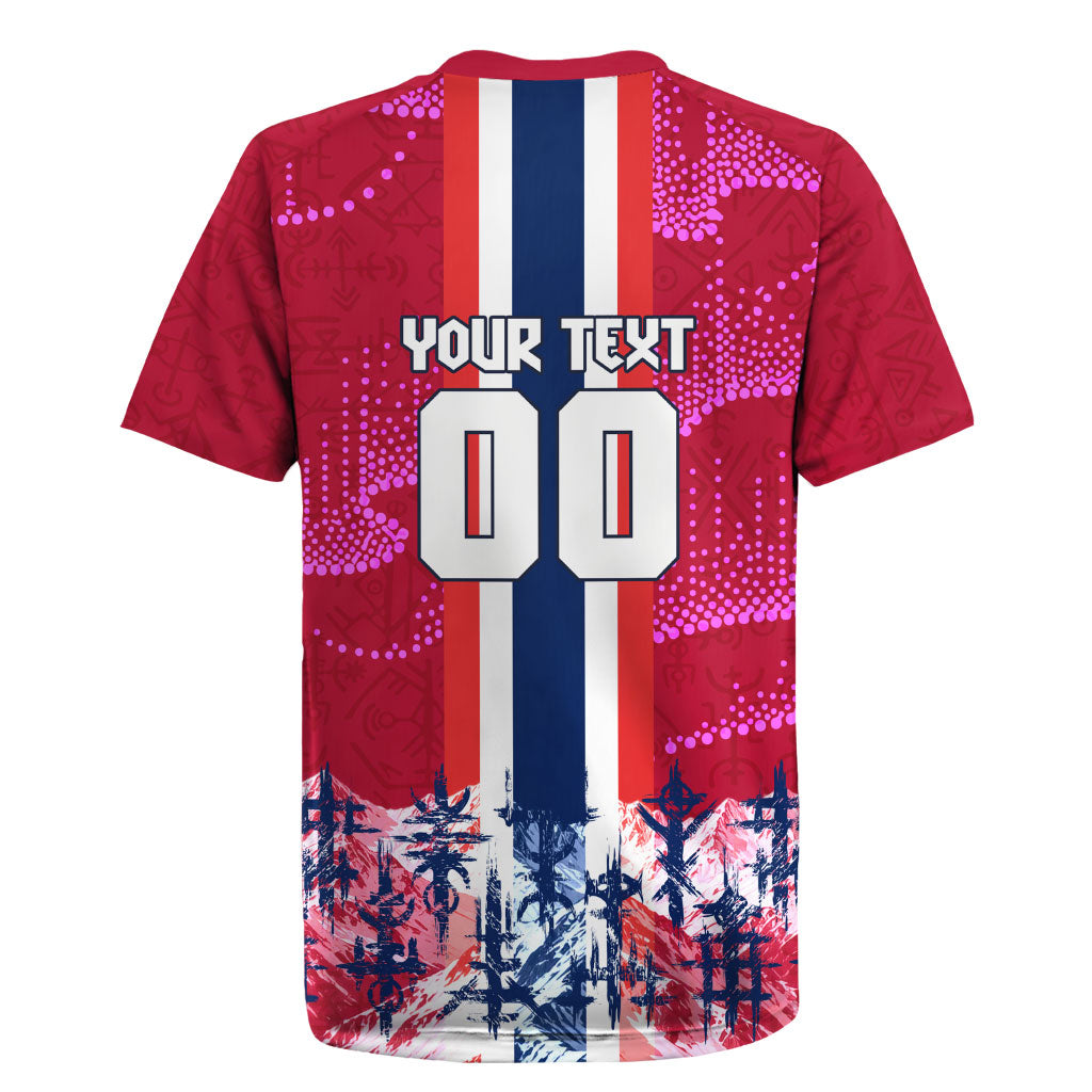 Personalized Norway Football Rugby Jersey Viking Lion Soccer Mascot - Nordic Longship And Mountain Landscape