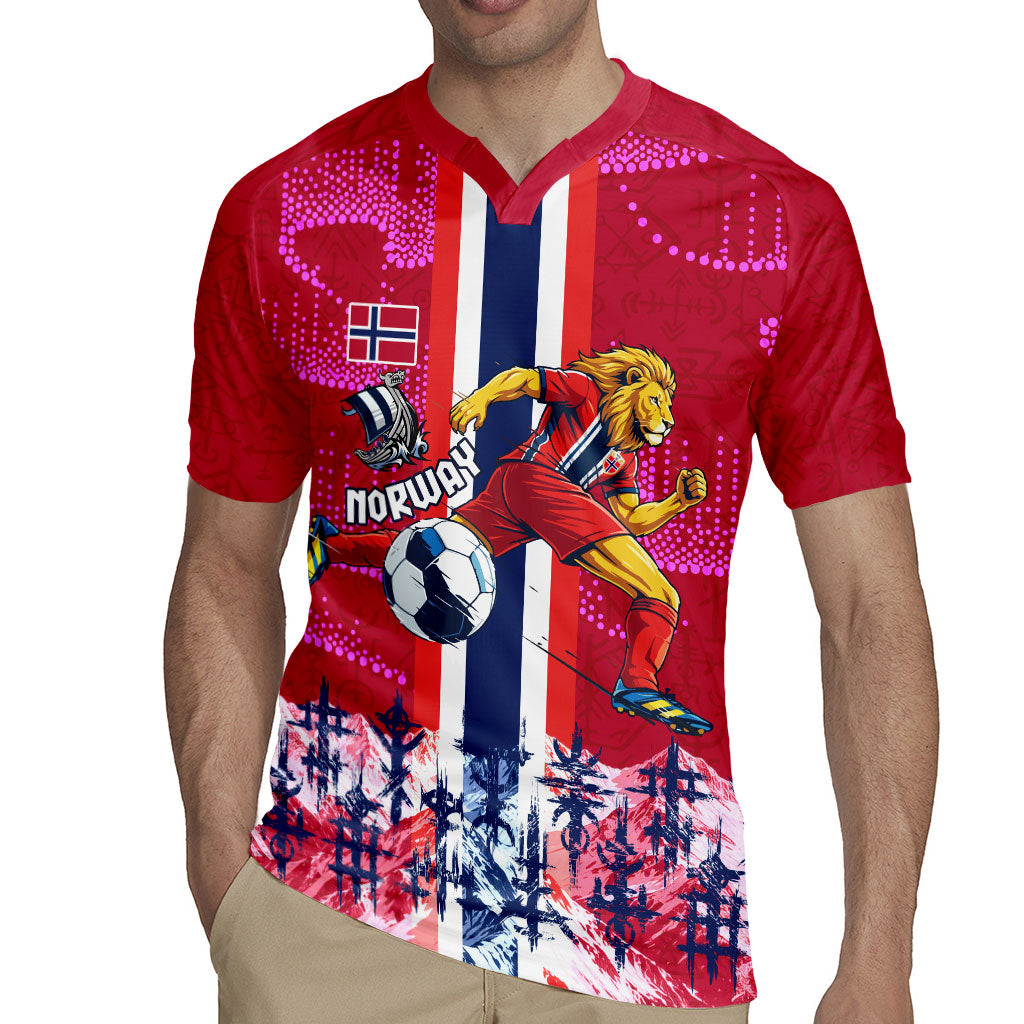 Personalized Norway Football Rugby Jersey Viking Lion Soccer Mascot - Nordic Longship And Mountain Landscape
