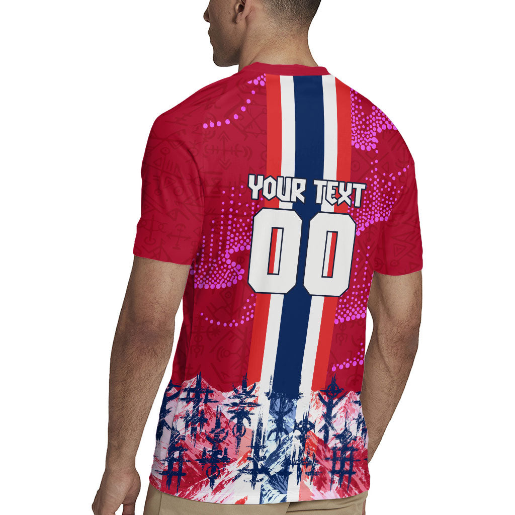 Personalized Norway Football Rugby Jersey Viking Lion Soccer Mascot - Nordic Longship And Mountain Landscape