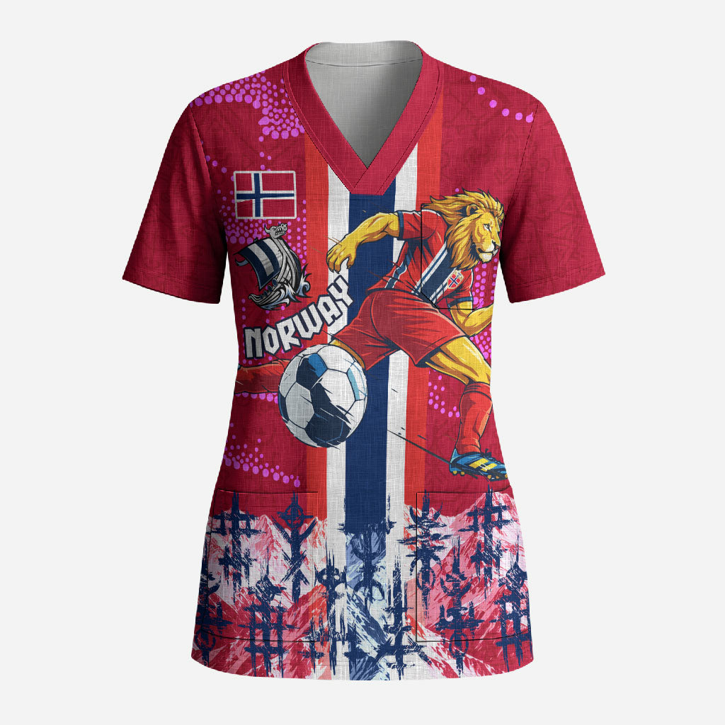 Personalized Norway Football Scrub Top Viking Lion Soccer Mascot - Nordic Longship And Mountain Landscape
