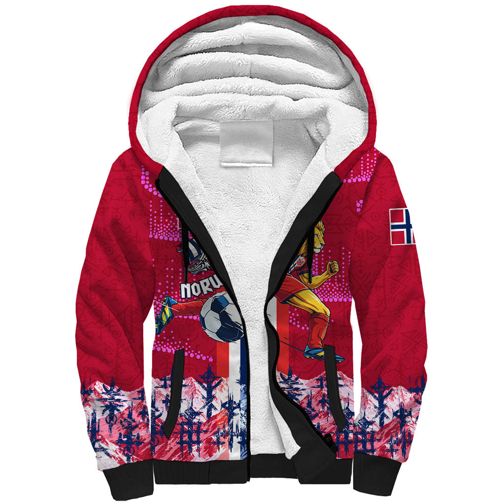 Personalized Norway Football Sherpa Hoodie Viking Lion Soccer Mascot - Nordic Longship And Mountain Landscape