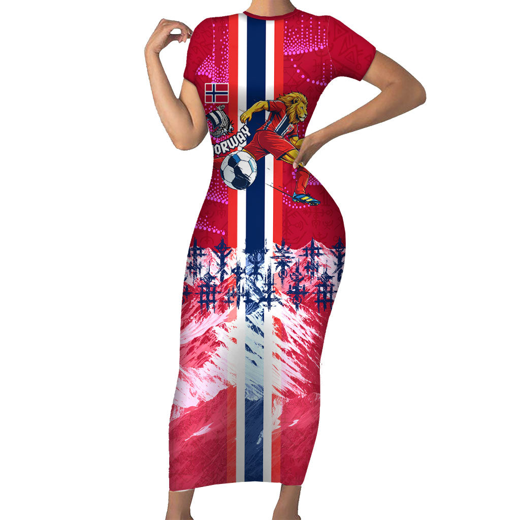 Personalized Norway Football Short Sleeve Bodycon Dress Viking Lion Soccer Mascot - Nordic Longship And Mountain Landscape
