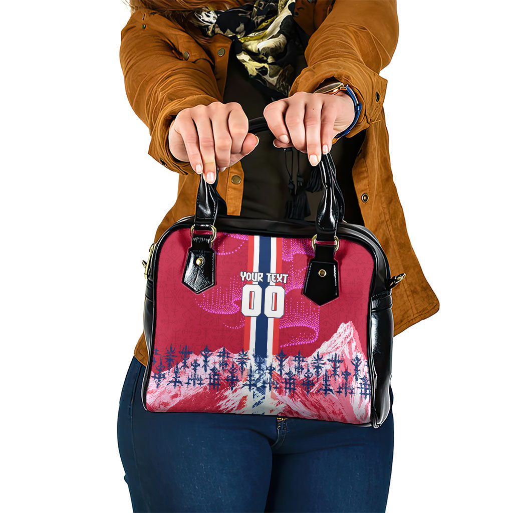 Personalized Norway Football Shoulder Handbag Viking Lion Soccer Mascot - Nordic Longship And Mountain Landscape