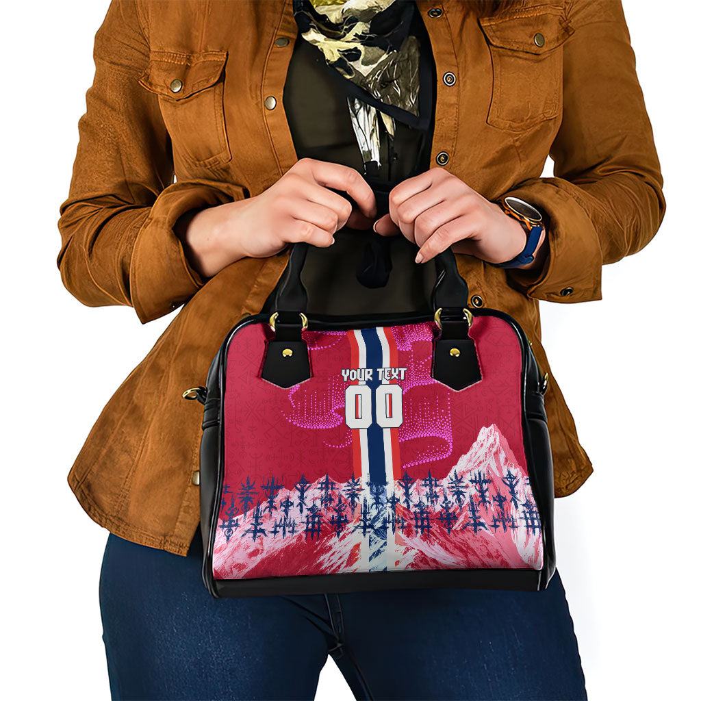 Personalized Norway Football Shoulder Handbag Viking Lion Soccer Mascot - Nordic Longship And Mountain Landscape