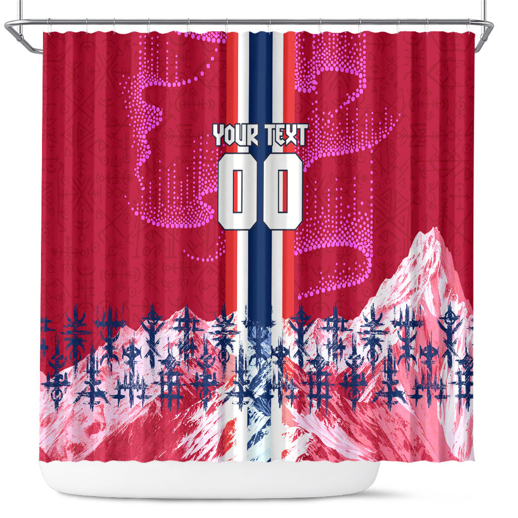 Personalized Norway Football Shower Curtain Viking Lion Soccer Mascot - Nordic Longship And Mountain Landscape
