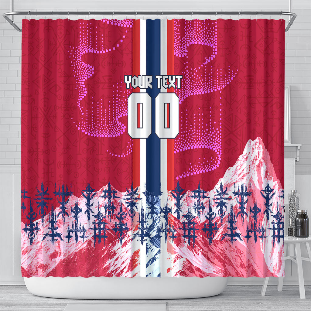 Personalized Norway Football Shower Curtain Viking Lion Soccer Mascot - Nordic Longship And Mountain Landscape