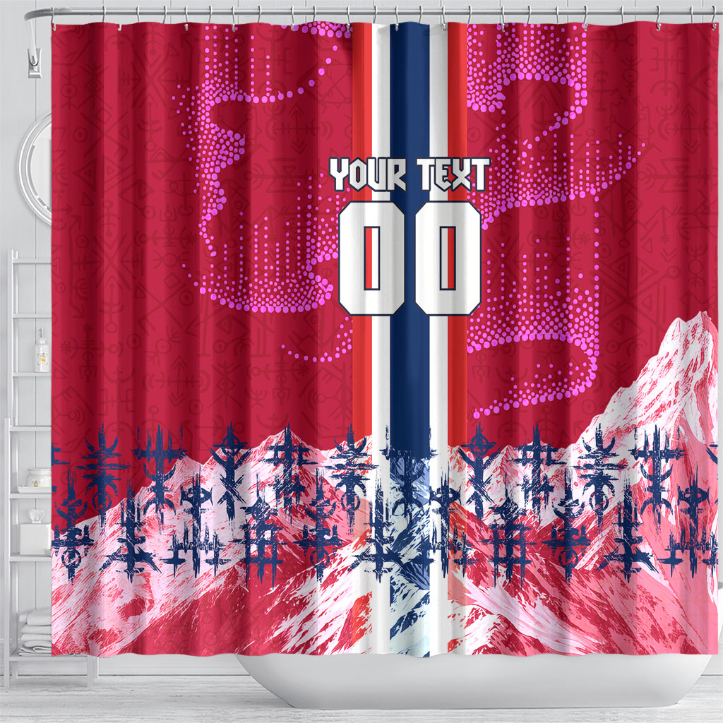 Personalized Norway Football Shower Curtain Viking Lion Soccer Mascot - Nordic Longship And Mountain Landscape
