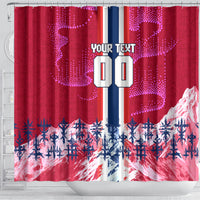 Personalized Norway Football Shower Curtain Viking Lion Soccer Mascot - Nordic Longship And Mountain Landscape