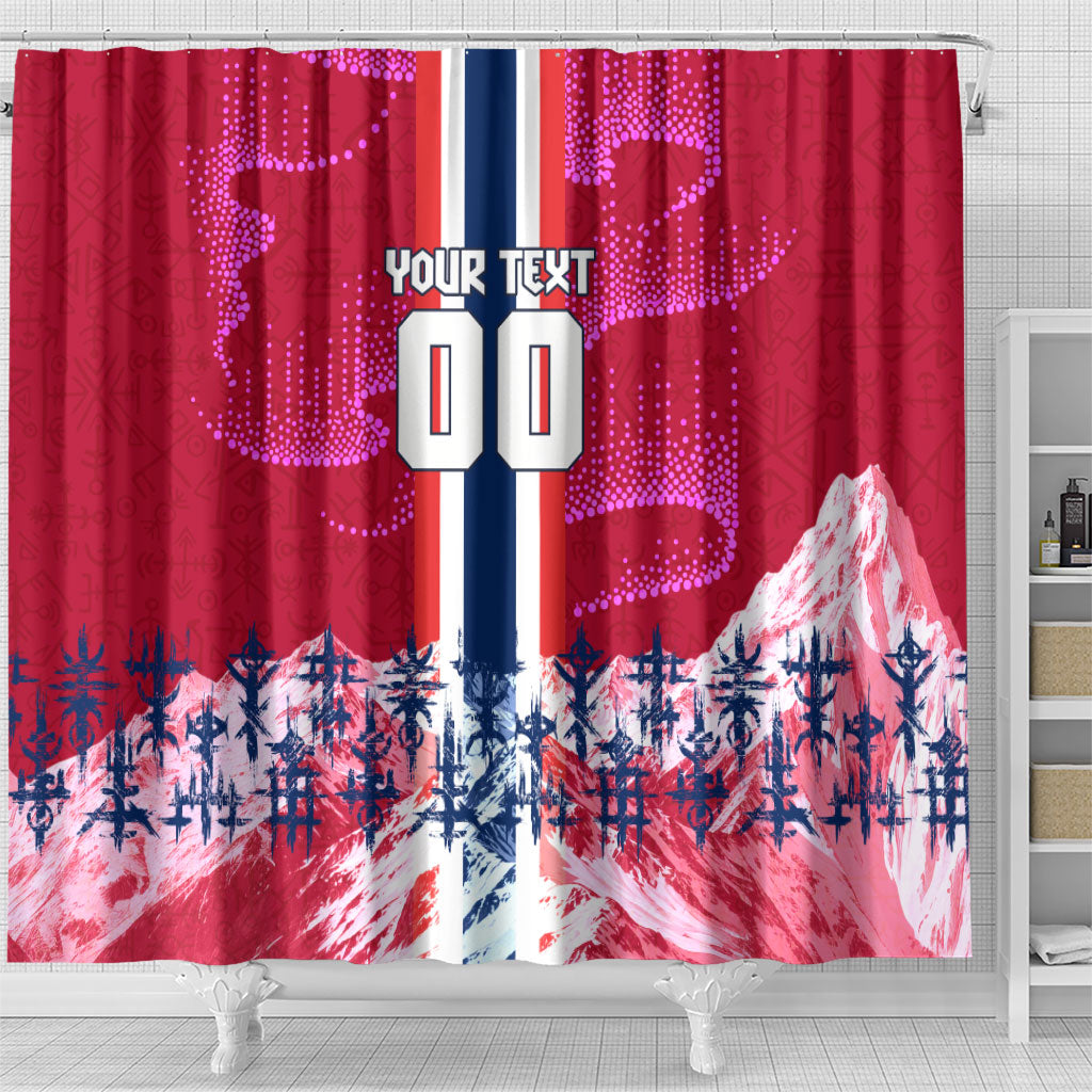 Personalized Norway Football Shower Curtain Viking Lion Soccer Mascot - Nordic Longship And Mountain Landscape