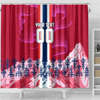 Personalized Norway Football Shower Curtain Viking Lion Soccer Mascot - Nordic Longship And Mountain Landscape