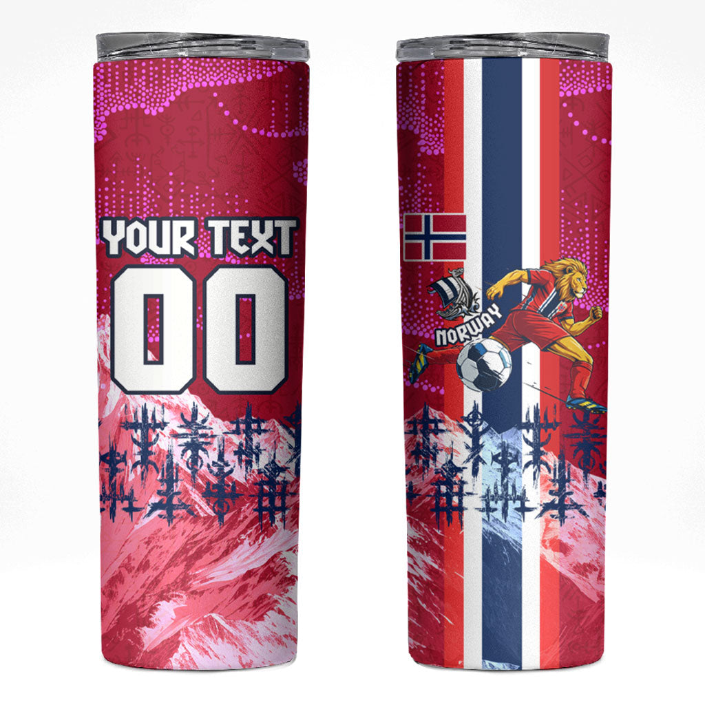 Personalized Norway Football Skinny Tumbler Viking Lion Soccer Mascot - Nordic Longship And Mountain Landscape