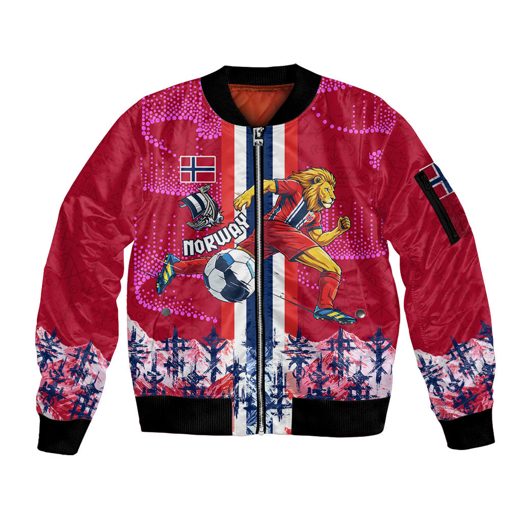 Personalized Norway Football Sleeve Zip Bomber Jacket Viking Lion Soccer Mascot - Nordic Longship And Mountain Landscape