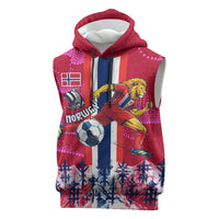 Personalized Norway Football Sleeveless Hoodie Viking Lion Soccer Mascot - Nordic Longship And Mountain Landscape