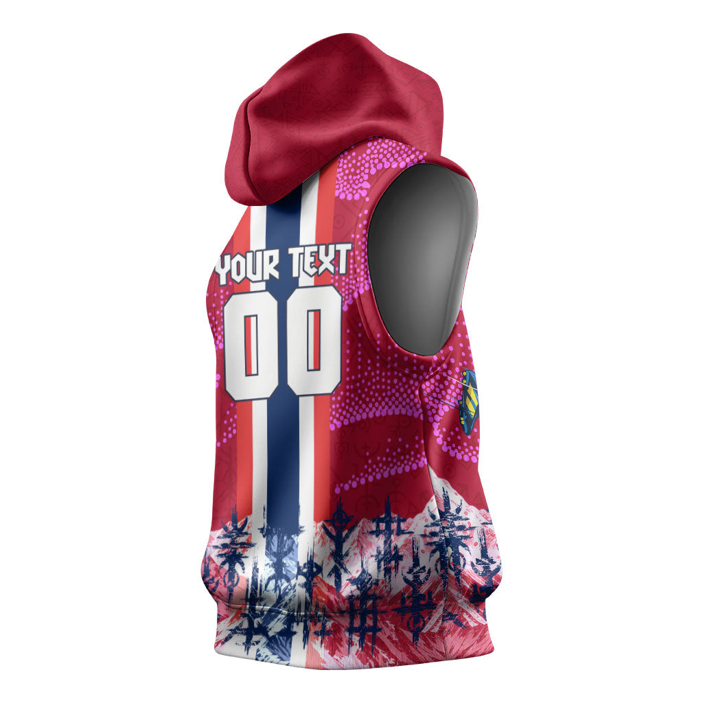 Personalized Norway Football Sleeveless Hoodie Viking Lion Soccer Mascot - Nordic Longship And Mountain Landscape