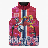 Personalized Norway Football Sleeveless Puffer Jacket Viking Lion Soccer Mascot - Nordic Longship And Mountain Landscape