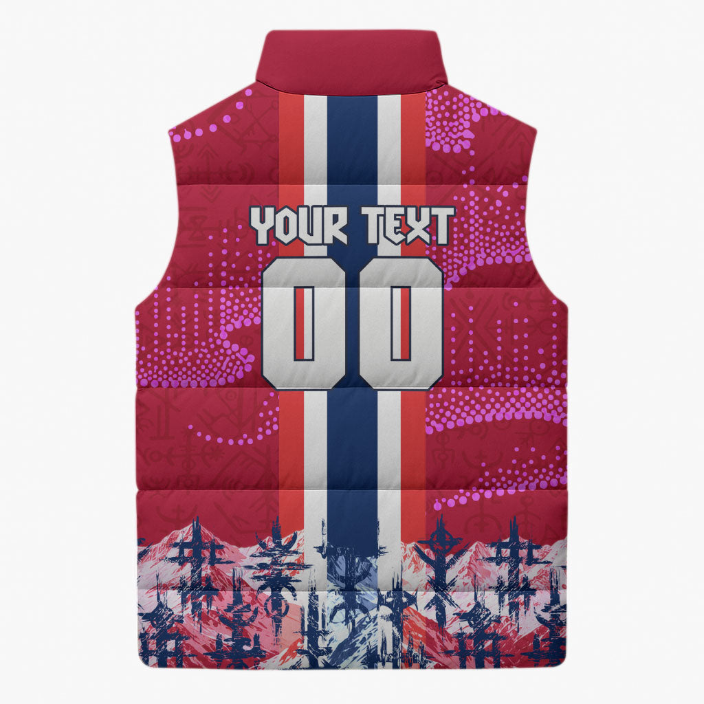 Personalized Norway Football Sleeveless Puffer Jacket Viking Lion Soccer Mascot - Nordic Longship And Mountain Landscape