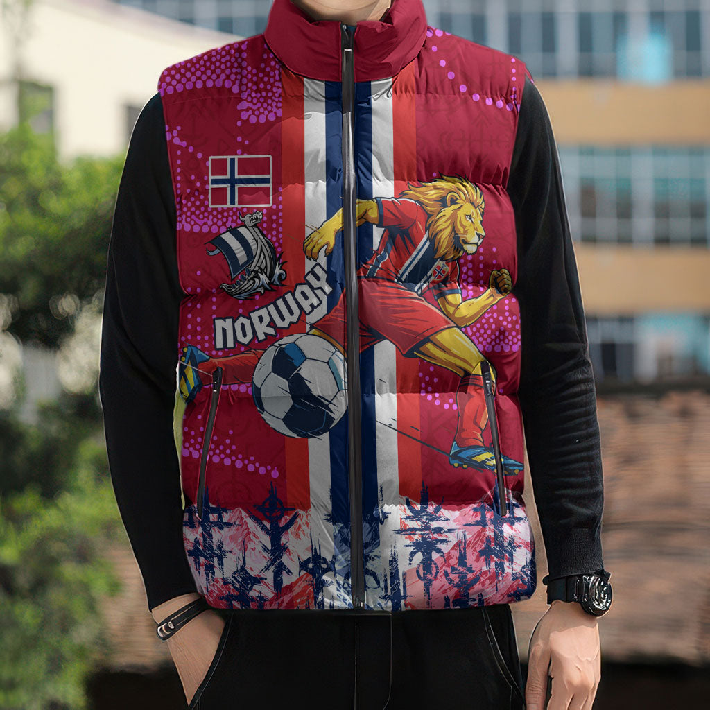 Personalized Norway Football Sleeveless Puffer Jacket Viking Lion Soccer Mascot - Nordic Longship And Mountain Landscape