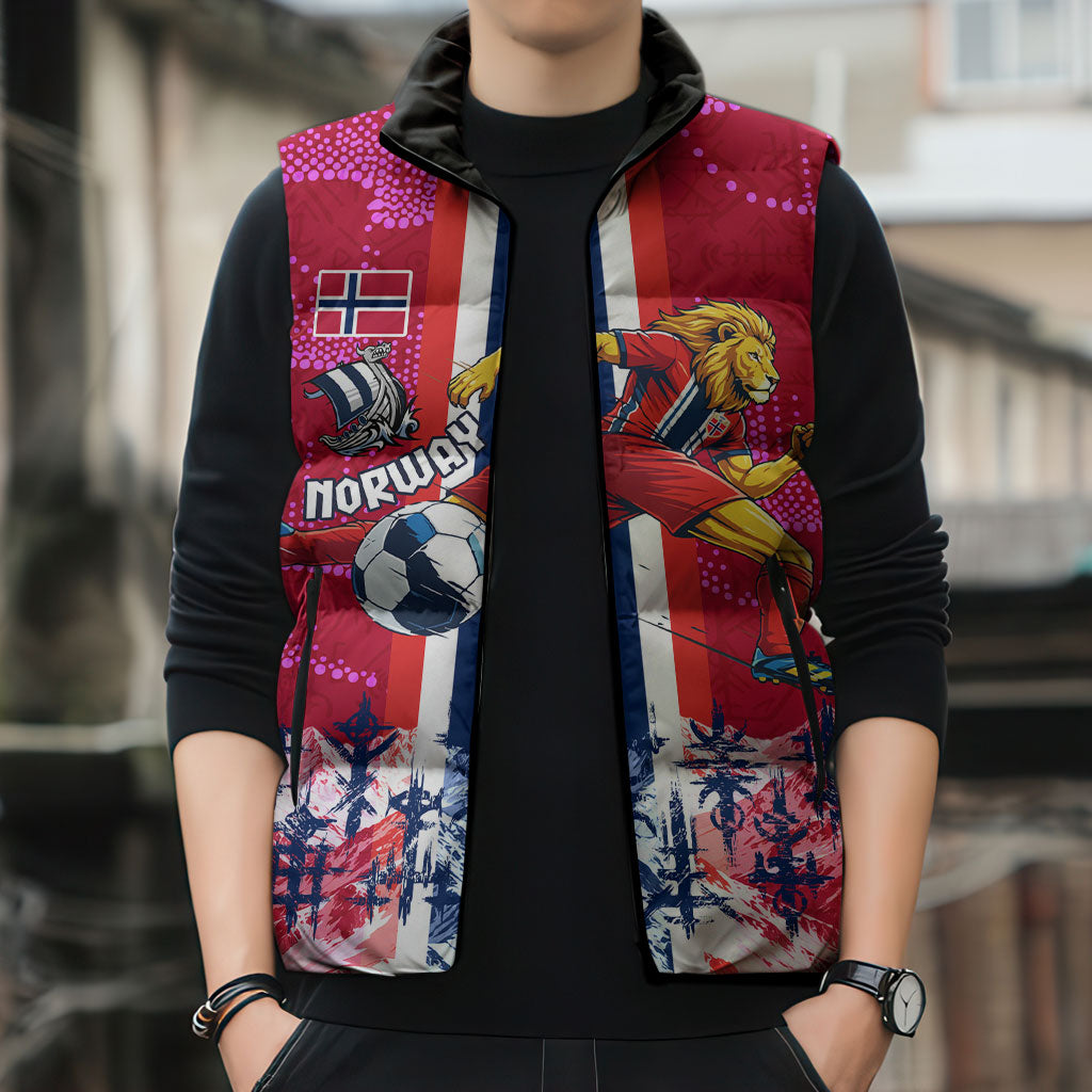 Personalized Norway Football Sleeveless Puffer Jacket Viking Lion Soccer Mascot - Nordic Longship And Mountain Landscape
