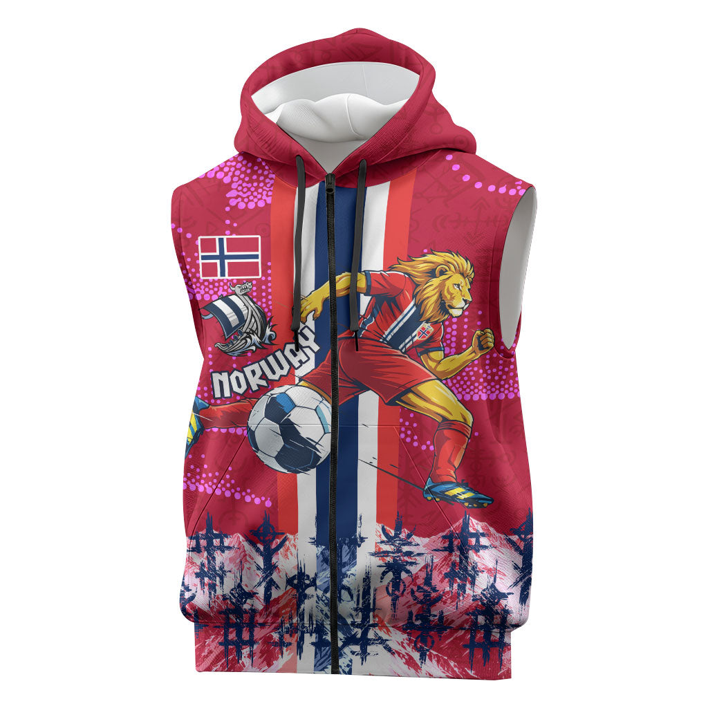 Personalized Norway Football Sleeveless Zip Hoodie Viking Lion Soccer Mascot - Nordic Longship And Mountain Landscape