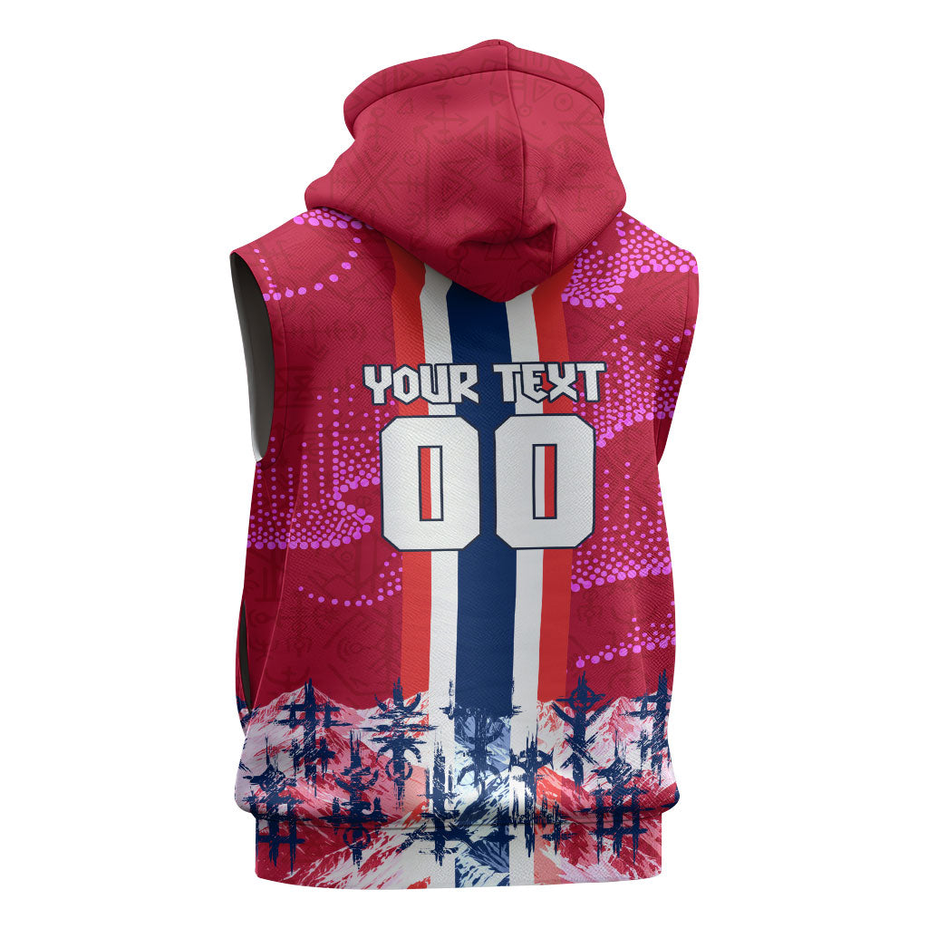 Personalized Norway Football Sleeveless Zip Hoodie Viking Lion Soccer Mascot - Nordic Longship And Mountain Landscape