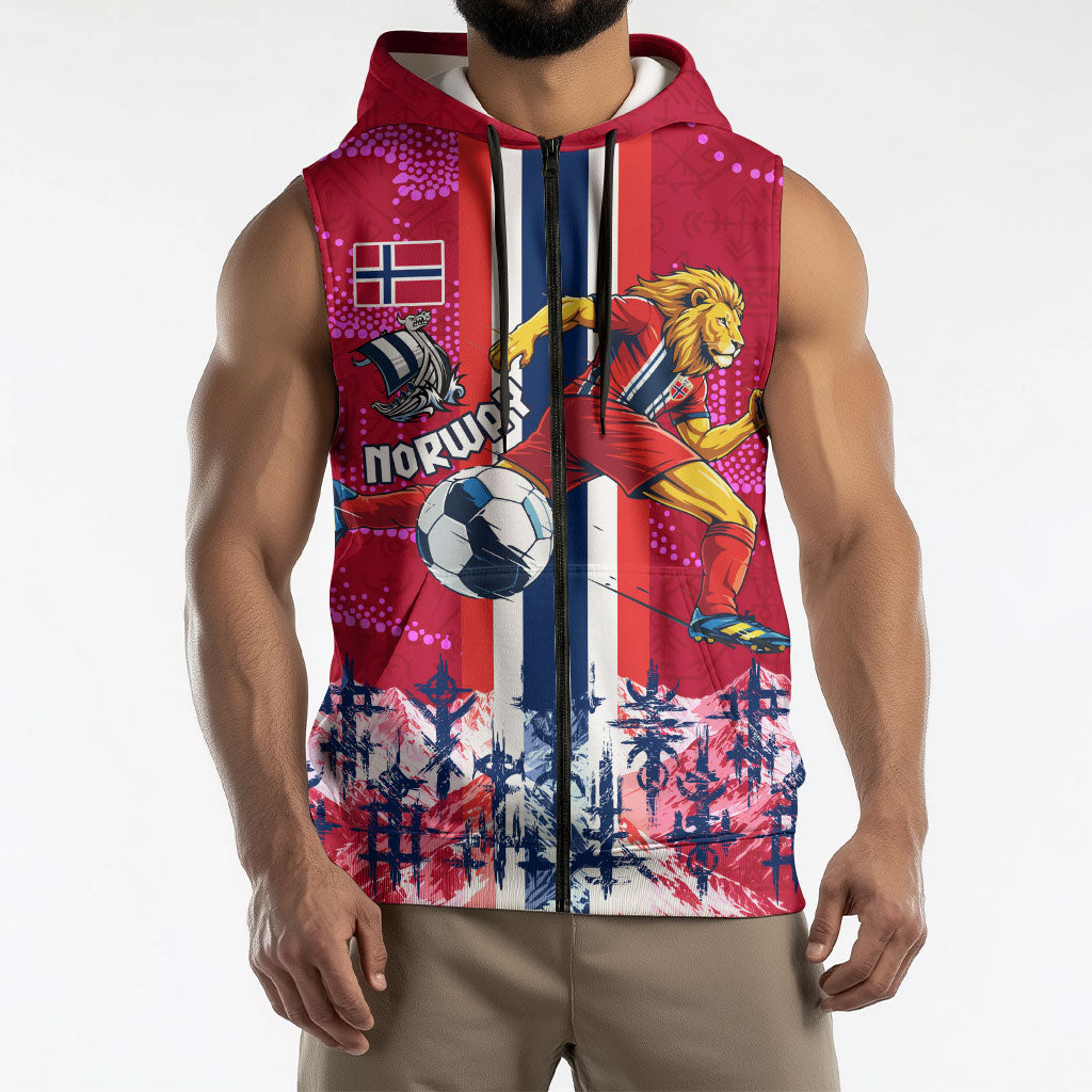 Personalized Norway Football Sleeveless Zip Hoodie Viking Lion Soccer Mascot - Nordic Longship And Mountain Landscape