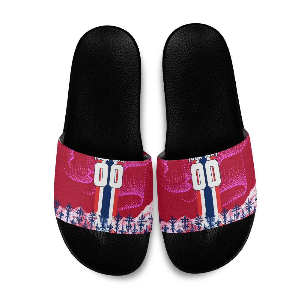 Personalized Norway Football Slide Sandals Viking Lion Soccer Mascot - Nordic Longship And Mountain Landscape