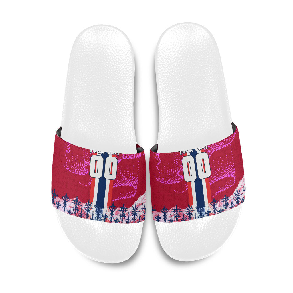 Personalized Norway Football Slide Sandals Viking Lion Soccer Mascot - Nordic Longship And Mountain Landscape