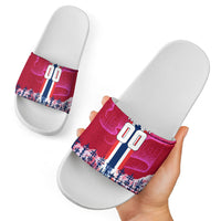 Personalized Norway Football Slide Sandals Viking Lion Soccer Mascot - Nordic Longship And Mountain Landscape