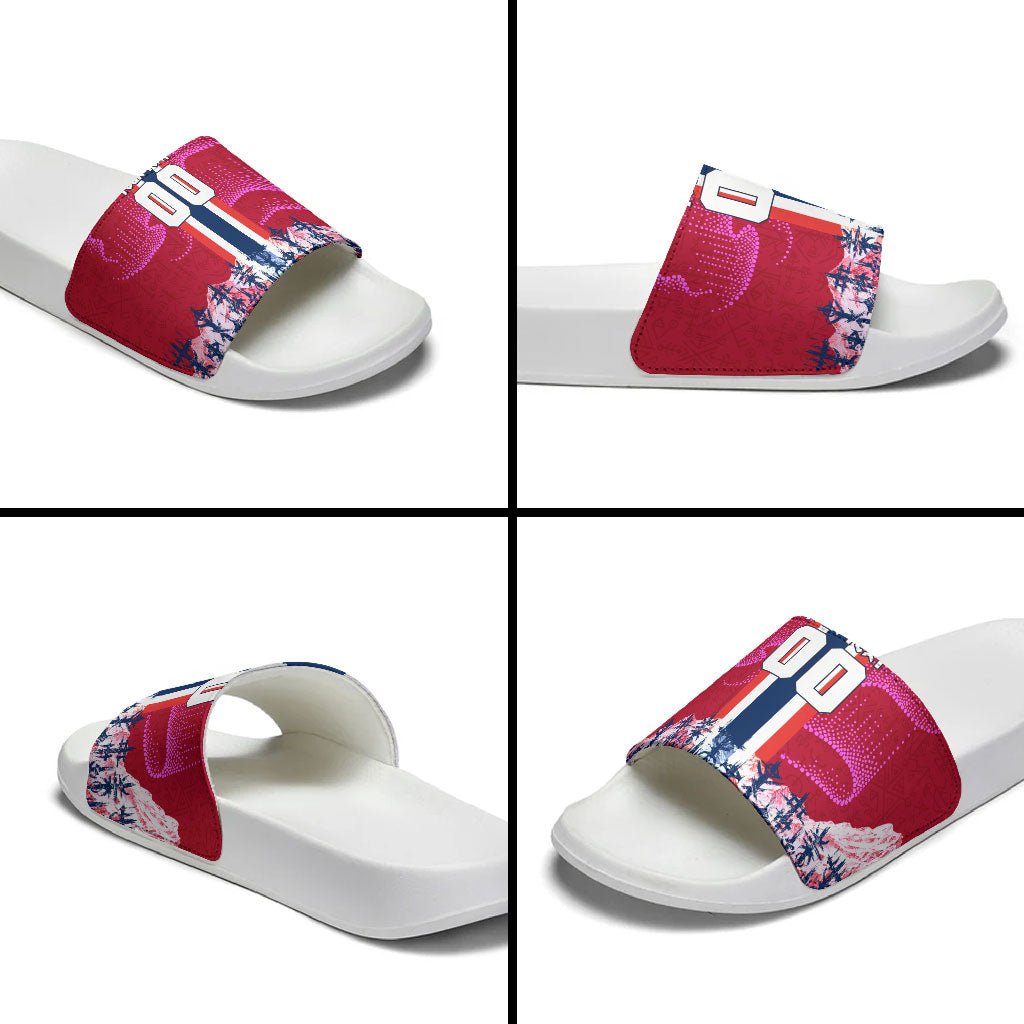 Personalized Norway Football Slide Sandals Viking Lion Soccer Mascot - Nordic Longship And Mountain Landscape