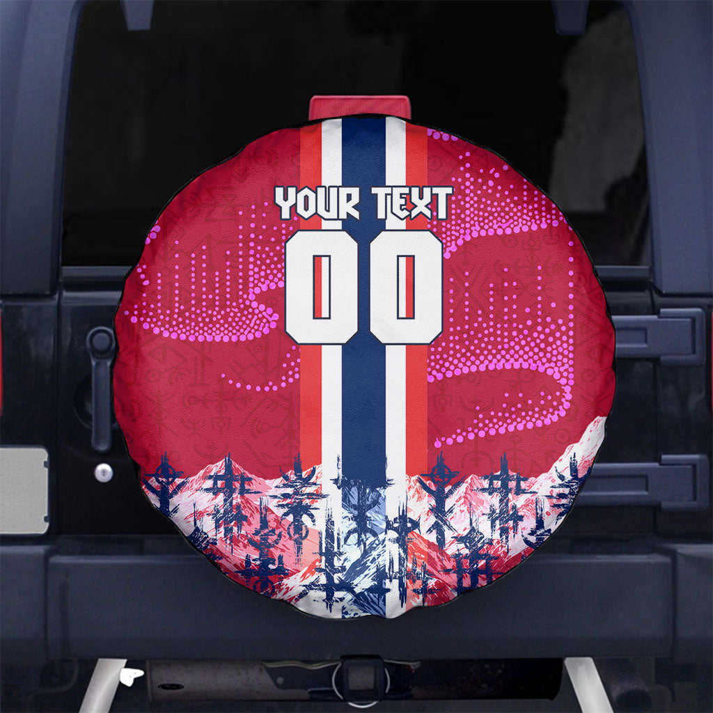 Personalized Norway Football Spare Tire Cover Viking Lion Soccer Mascot - Nordic Longship And Mountain Landscape