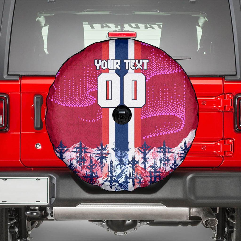 Personalized Norway Football Spare Tire Cover Viking Lion Soccer Mascot - Nordic Longship And Mountain Landscape