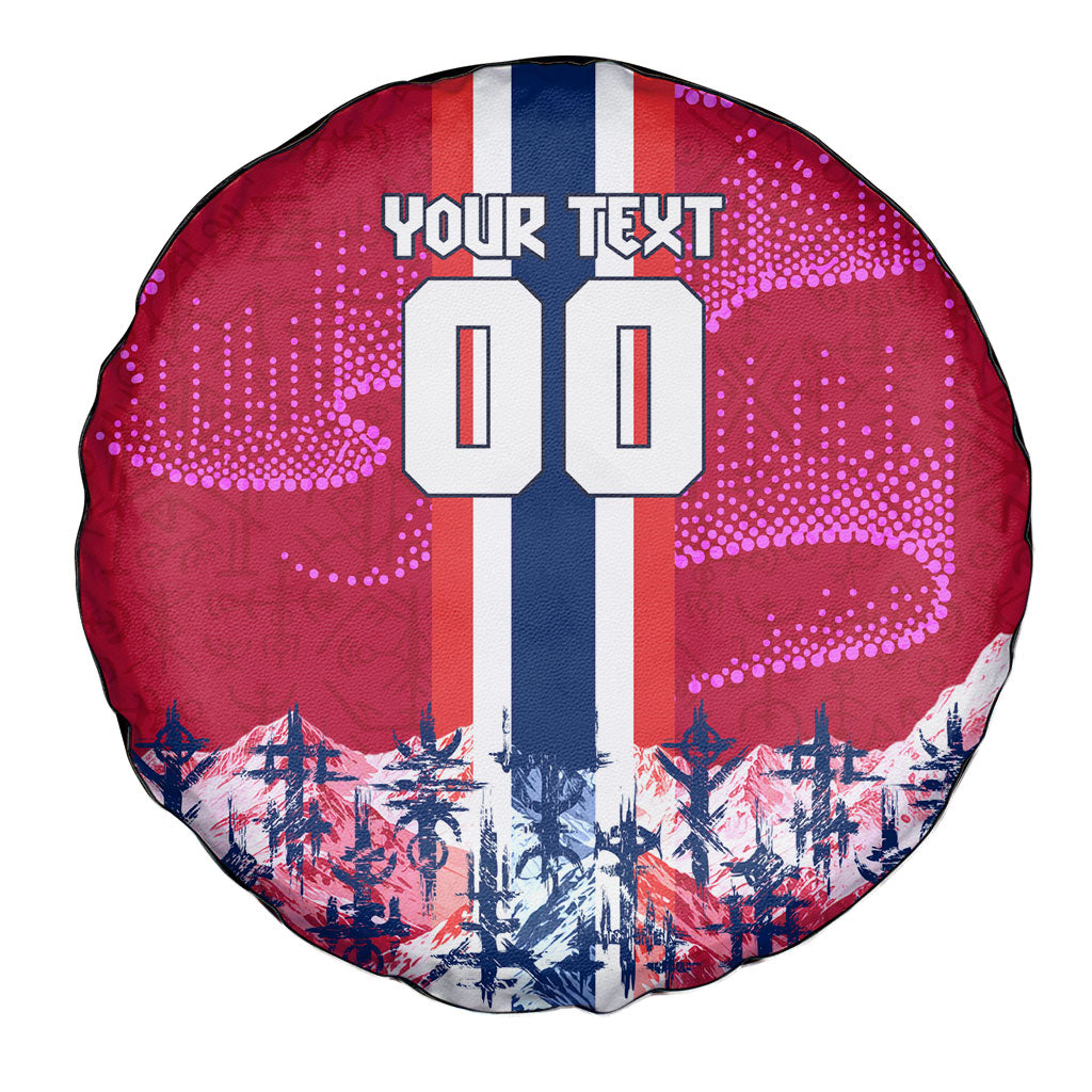 Personalized Norway Football Spare Tire Cover Viking Lion Soccer Mascot - Nordic Longship And Mountain Landscape