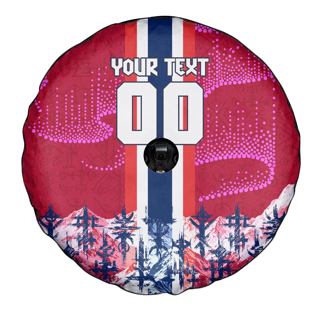 Personalized Norway Football Spare Tire Cover Viking Lion Soccer Mascot - Nordic Longship And Mountain Landscape